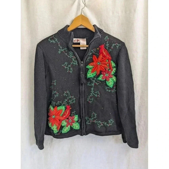 Poinsettia and cardinal holiday zip up cardigan sweater, black women's size 12 - Picture 5 of 9